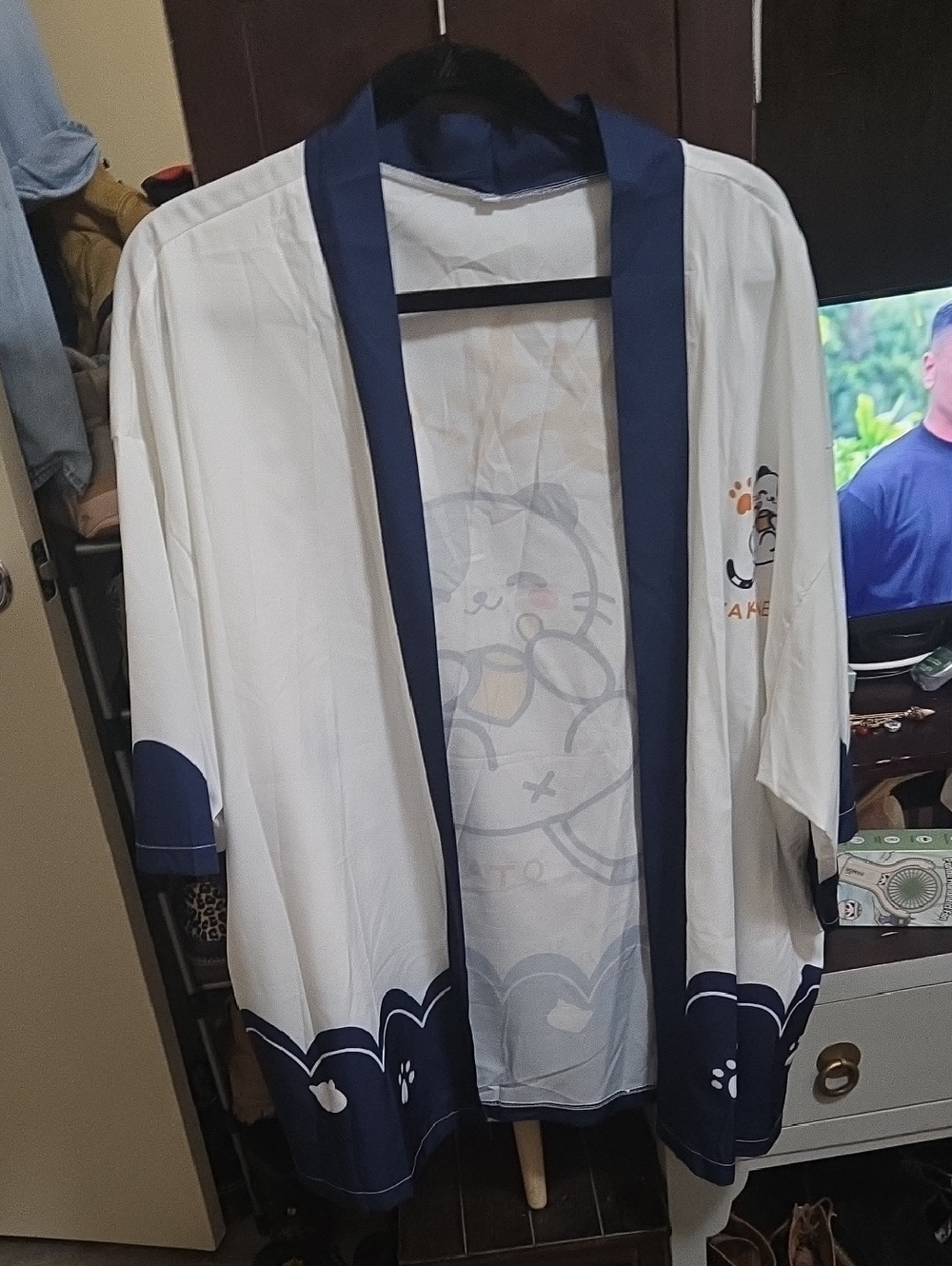 Women’s White and Navy Open-Front Kimono Cardigan